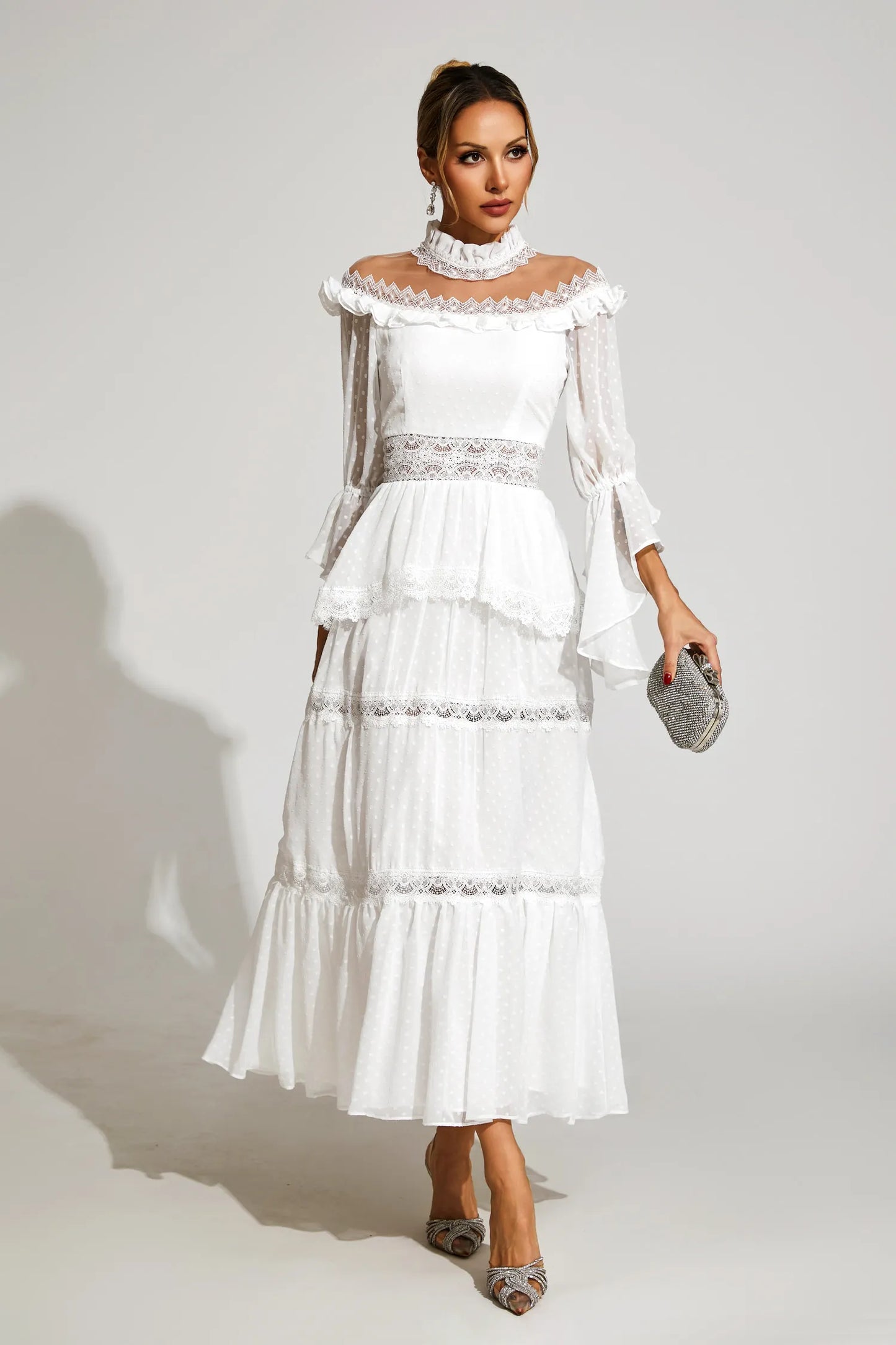 Nivara White Lace Long Sleeve Maxi Dress