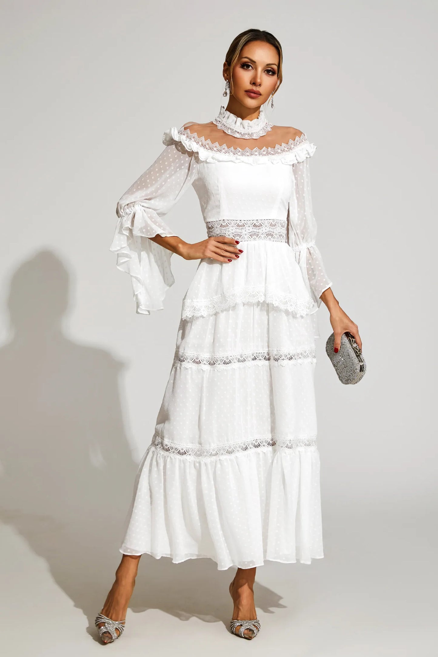 Nivara White Lace Long Sleeve Maxi Dress