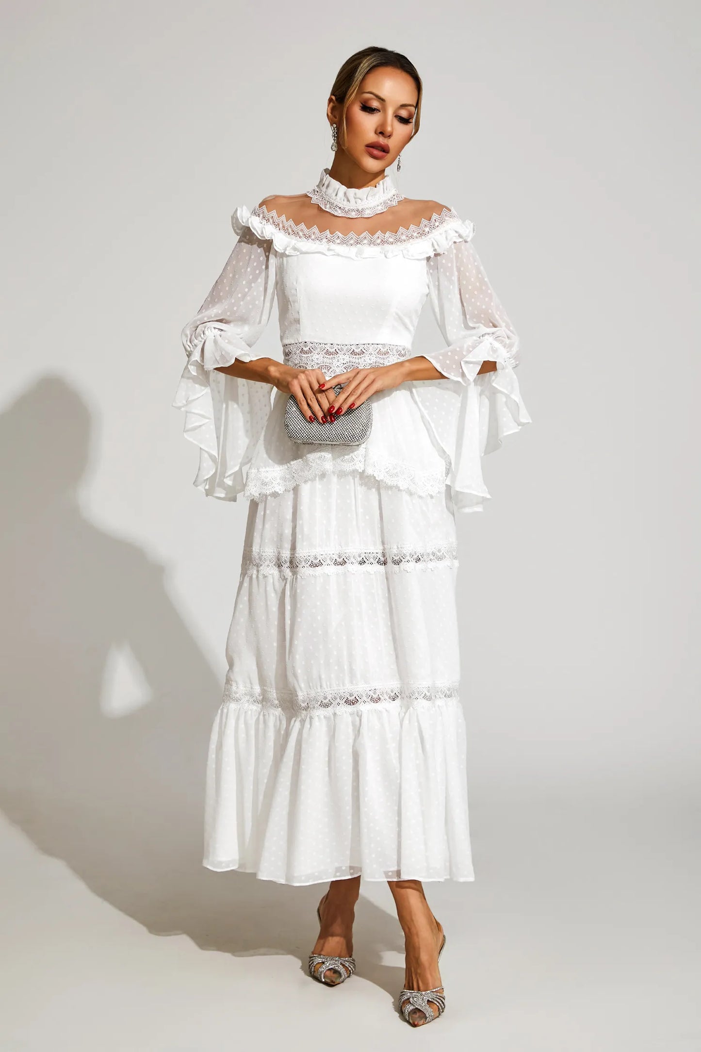 Nivara White Lace Long Sleeve Maxi Dress