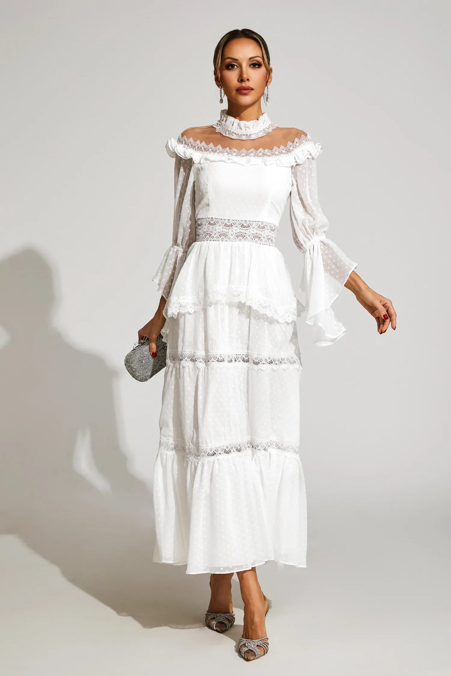 Nivara White Lace Long Sleeve Maxi Dress