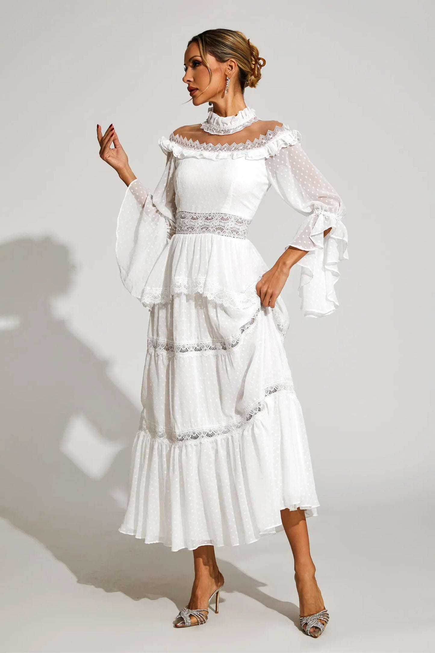 Nivara White Lace Long Sleeve Maxi Dress