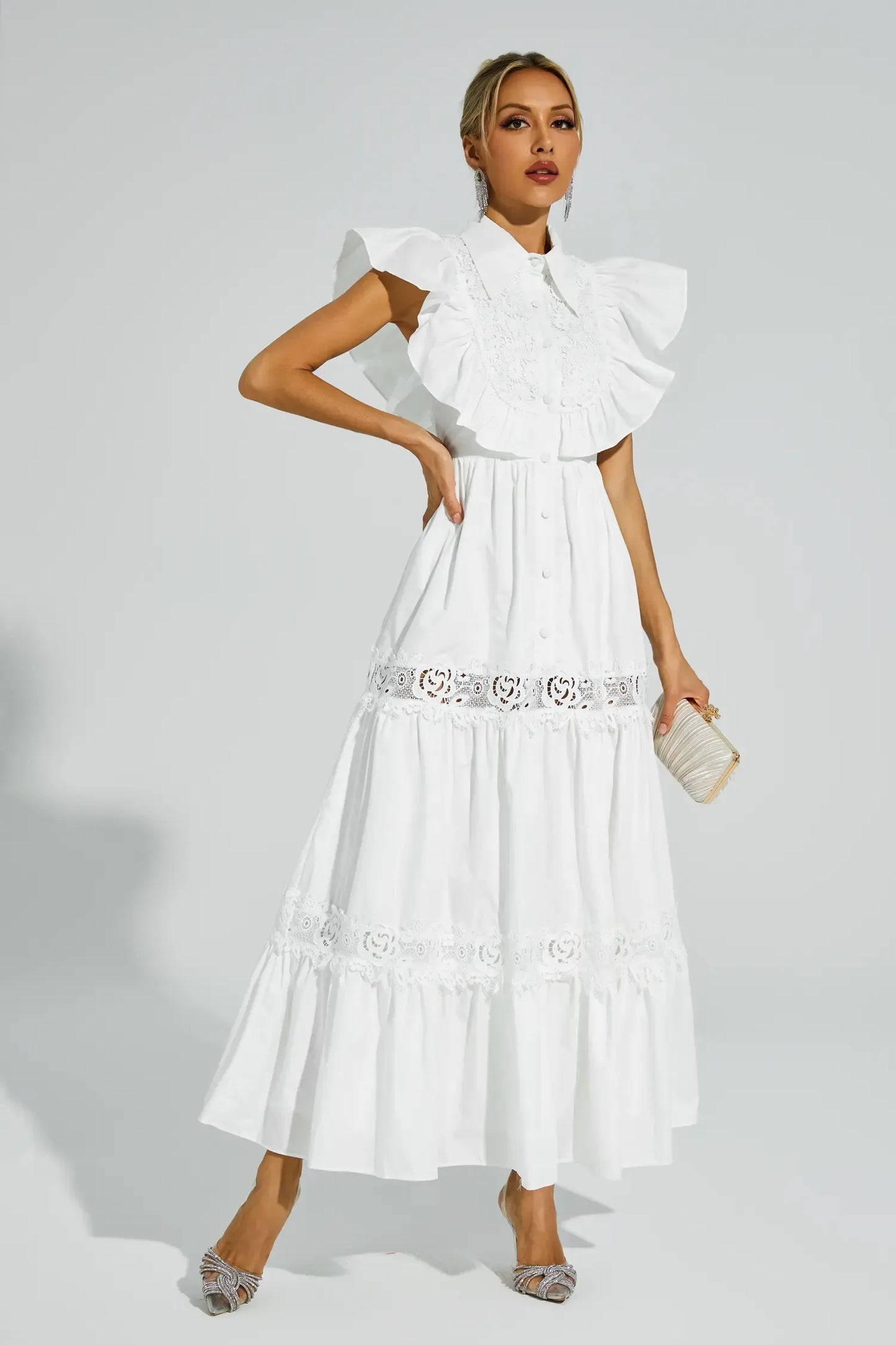 Wesley White Sleeveless Ruffle Maxi Dress