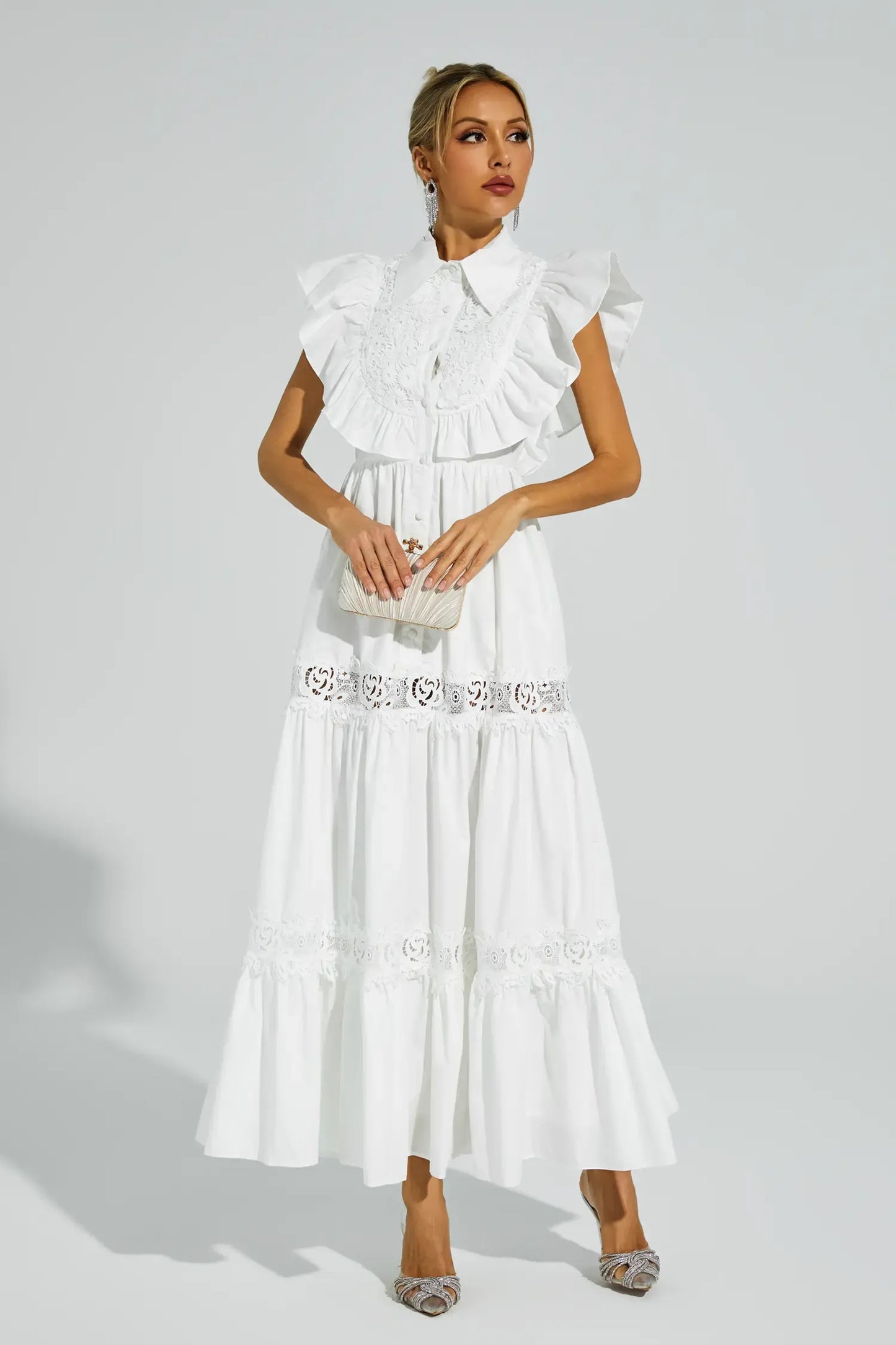 Wesley White Sleeveless Ruffle Maxi Dress