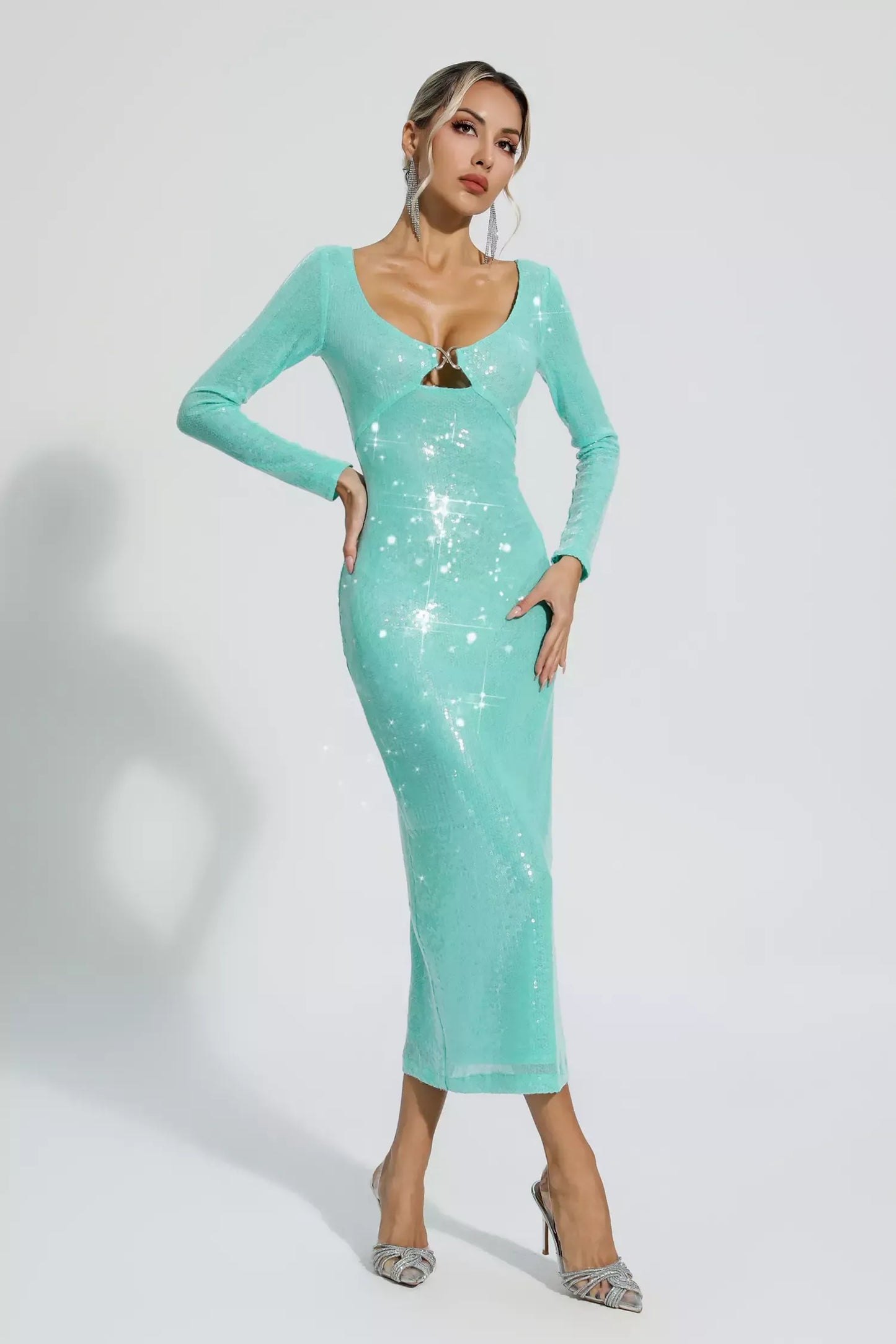 Winnie Green Long Sleeve Sequin Maxi Dress