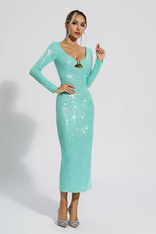 Winnie Green Long Sleeve Sequin Maxi Dress