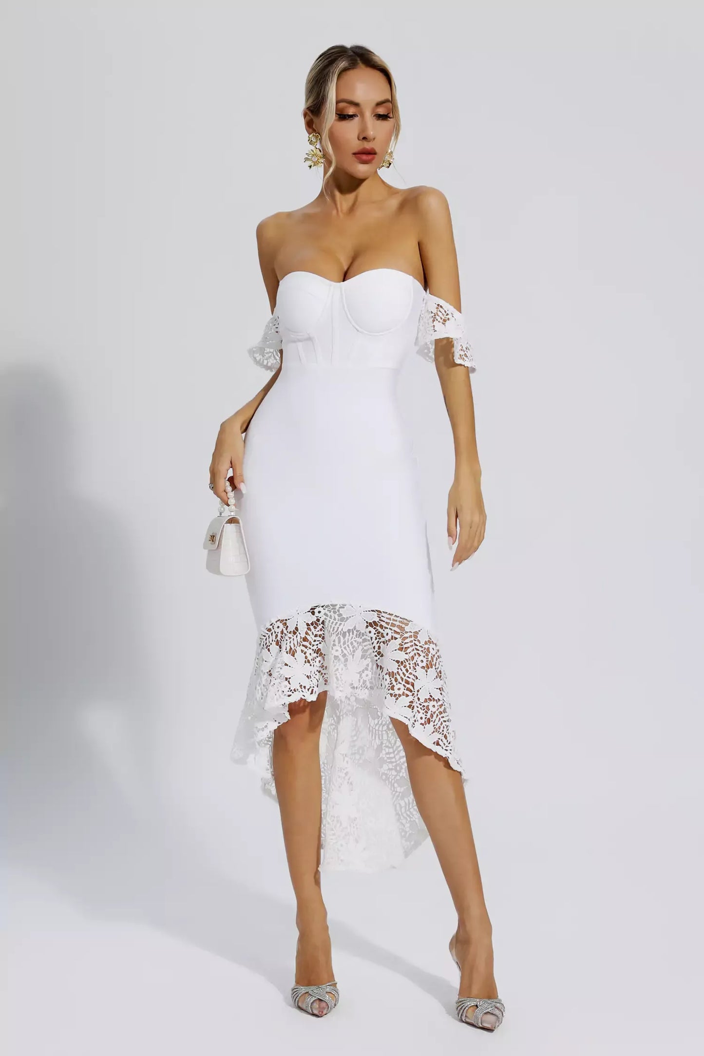 Zariah White Lace Wedding Bandage Midi Dress