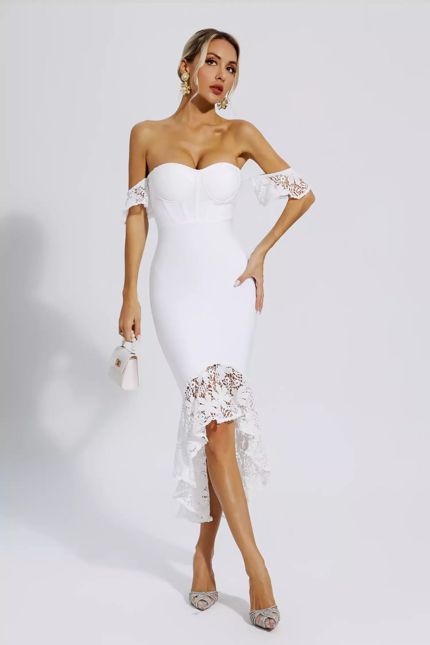 Zariah White Lace Wedding Bandage Midi Dress