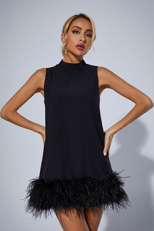 Nisha Feather Mini Dress In Black